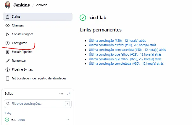 Menu de configuração do pipeline