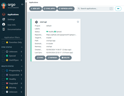 ArgoCD mostrando aplicação cicd-api Healthy e Synced